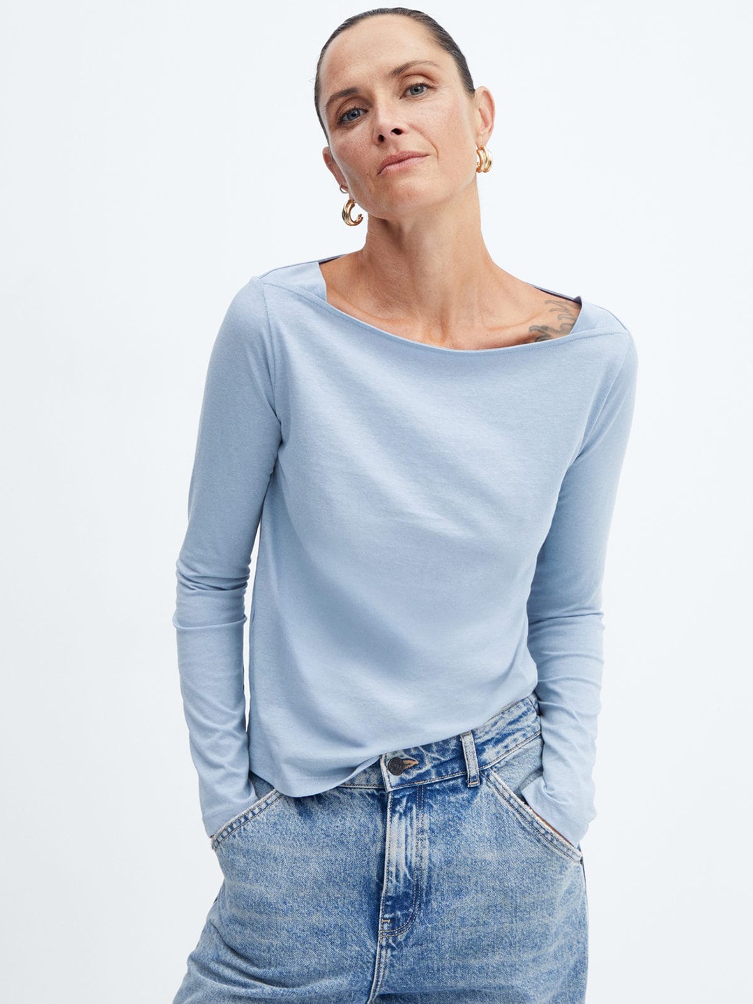 

MANGO Women Boat Neck Pure Cotton T-shirt, Blue