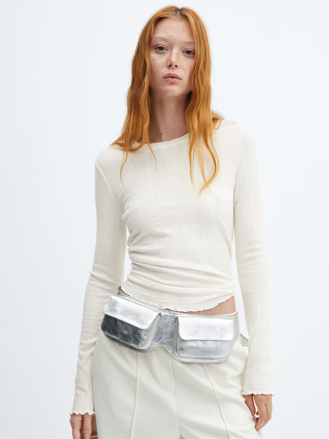 

MANGO Full-Sleeves Knitted T-shirt, White