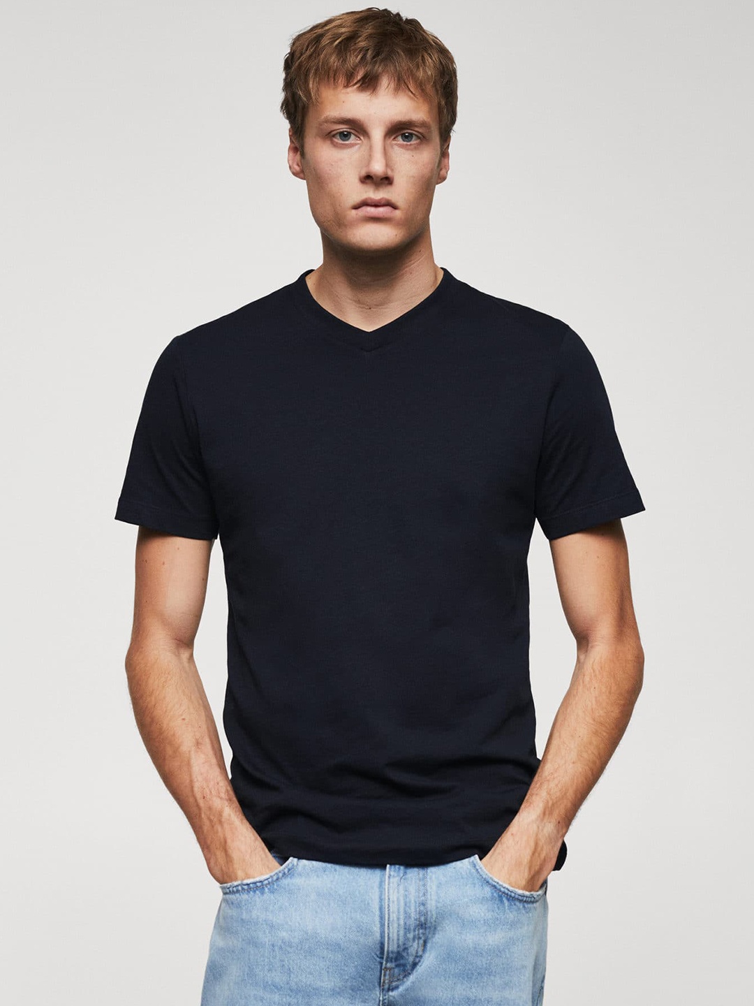 

MANGO MAN V-Neck Pure Cotton T-shirt, Navy blue