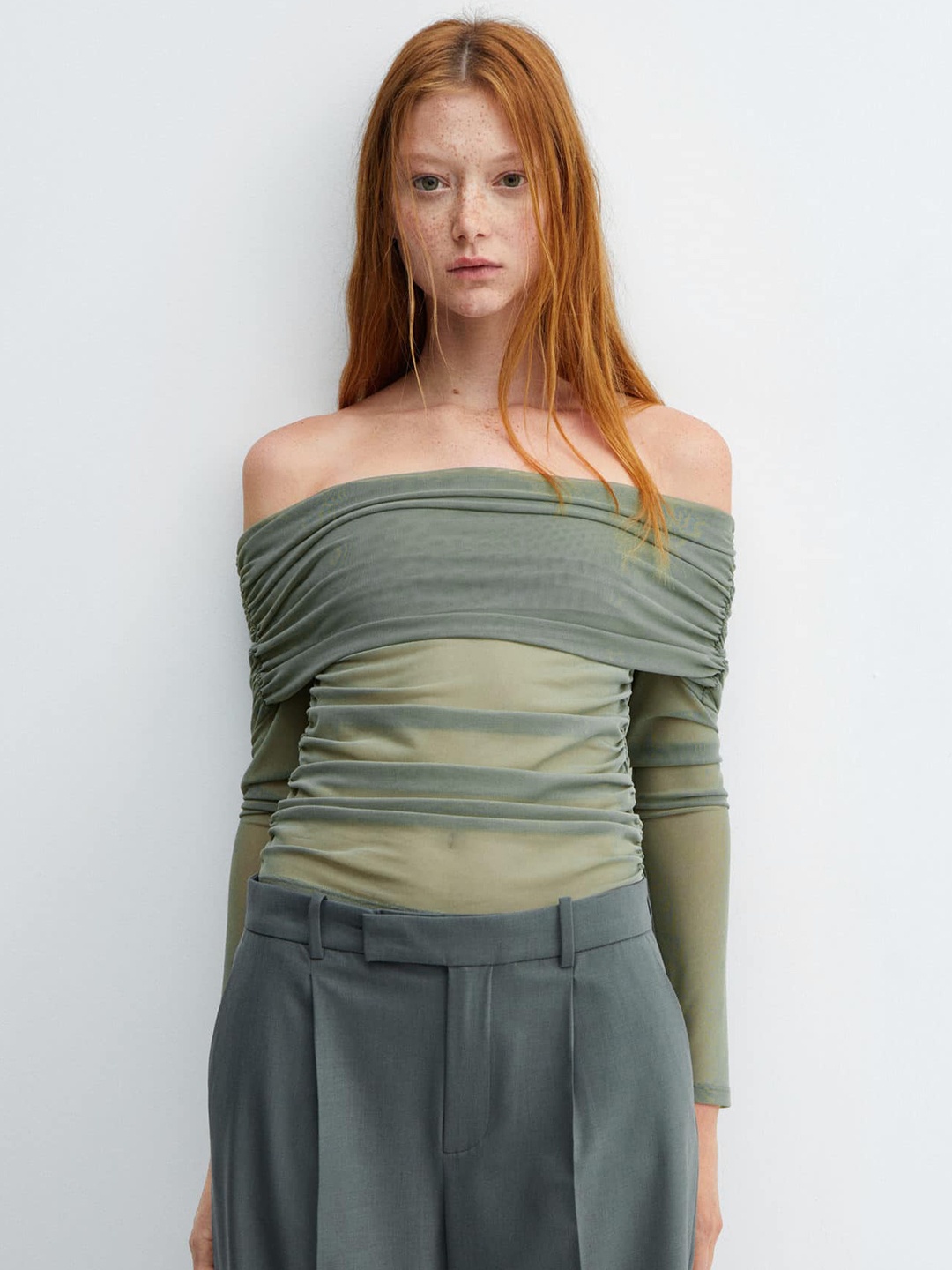 

MANGO Off-Shoulder Ruched Tulle Bardot Top, Green