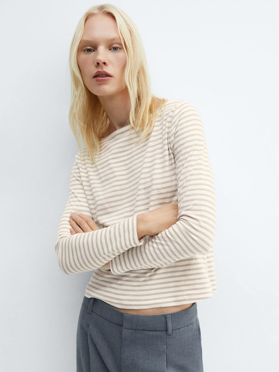 

MANGO Women Striped Boat Neck Pure Cotton T-shirt, Off white