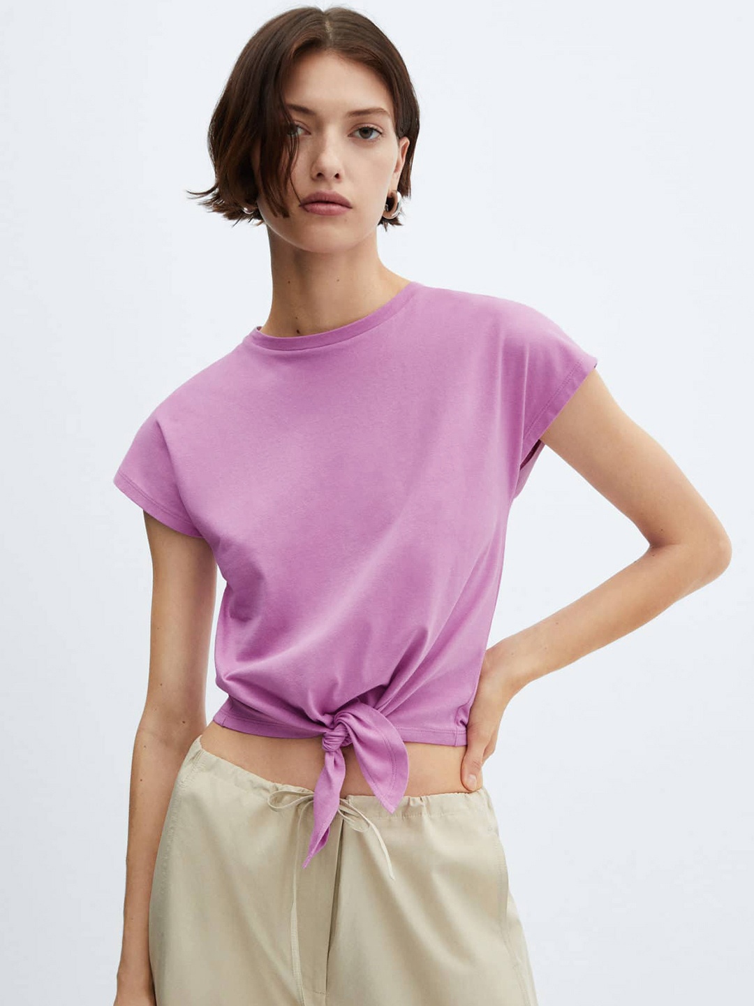 

MANGO Women Knot Pure Cotton Crop T-shirt, Mauve