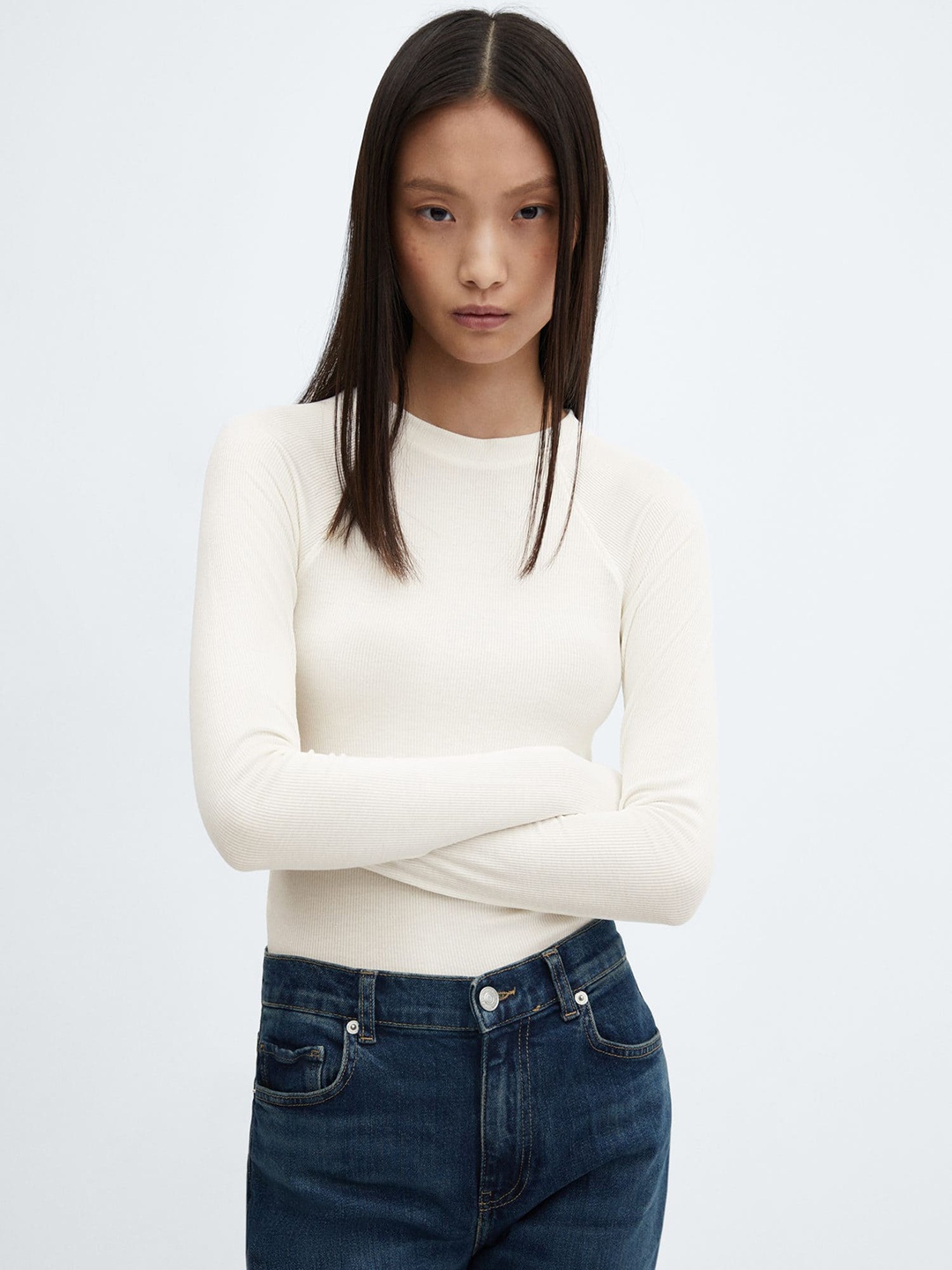

MANGO Women High Neck T-shirt, White