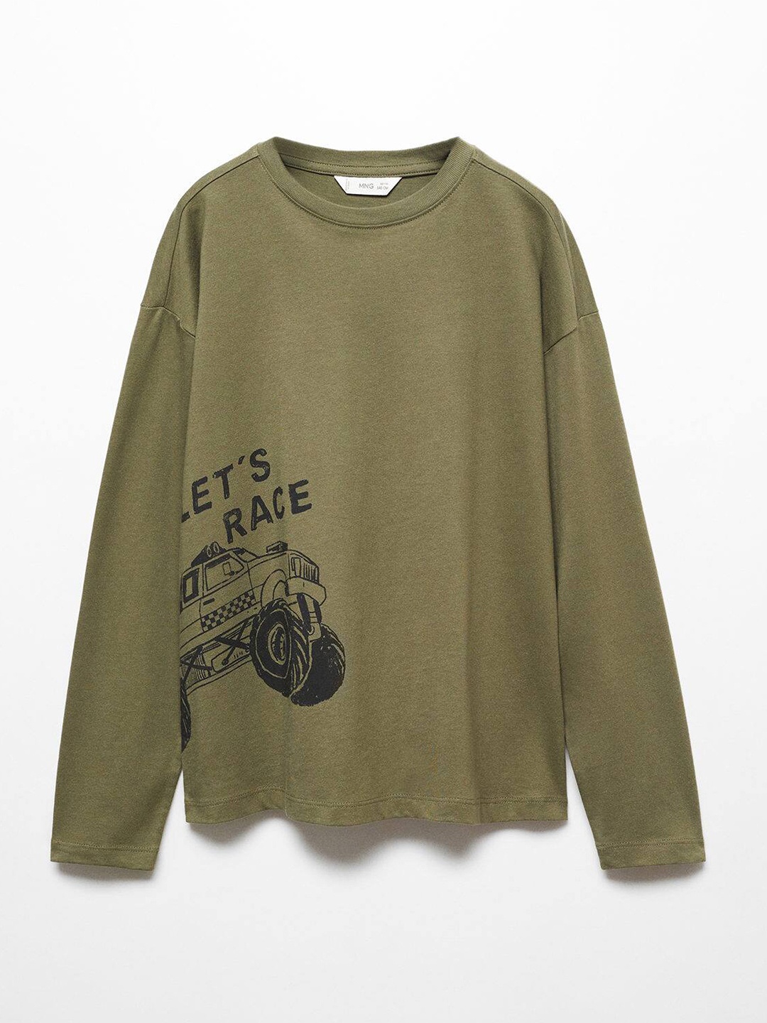 

Mango Kids Boys Printed Drop-Shoulder Sleeves Pure Cotton T-shirt, Olive