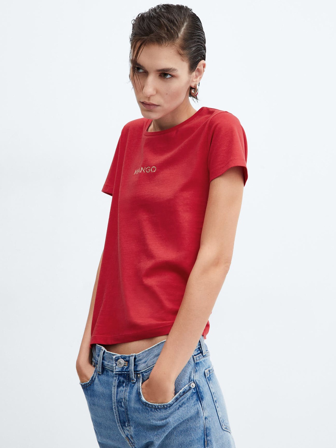 

MANGO Women Brand Logo Detail Pure Cotton T-shirt, Red