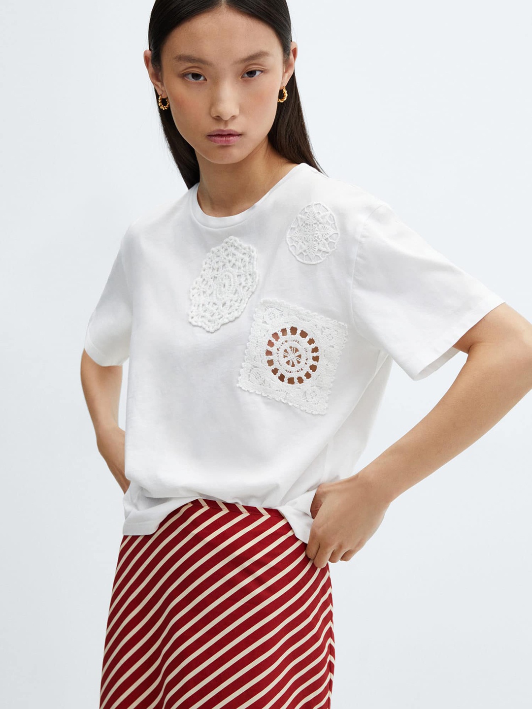 

MANGO Women Crochet Detail Pure Cotton T-shirt, White
