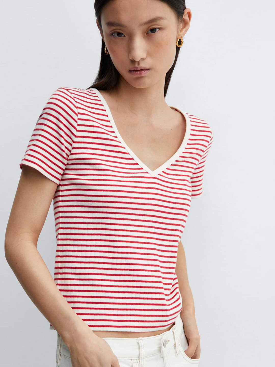 

MANGO Striped V-Neck Pure Cotton T-shirt, White