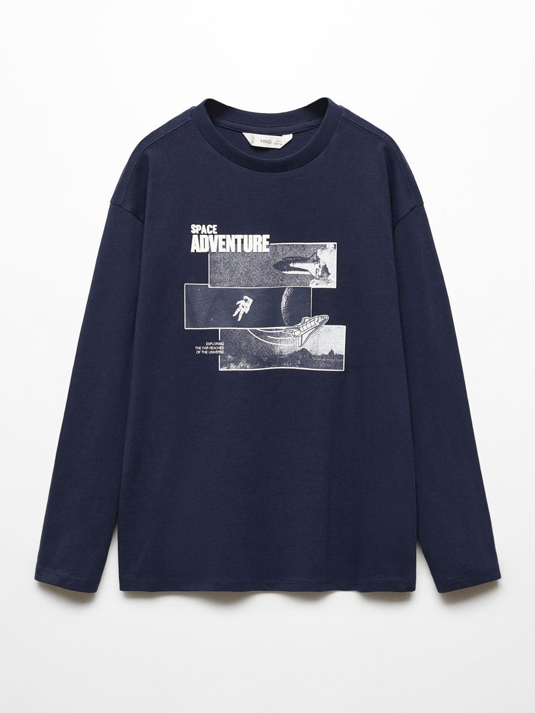 

Mango Kids Boys Printed Drop-Shoulder Sleeves Pure Cotton T-shirt, Navy blue