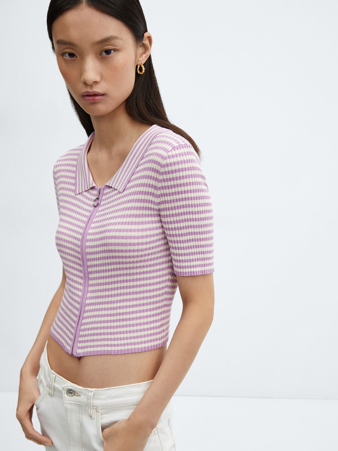 

MANGO Striped Polo Collar Crop T-shirt, Lavender