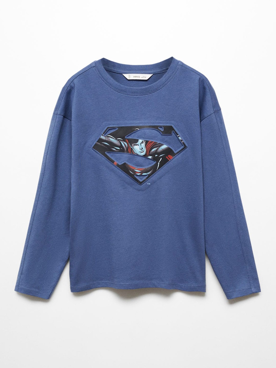 

Mango Kids Boys Superman Printed Drop-Shoulder Sleeves Pure Cotton T-shirt, Blue