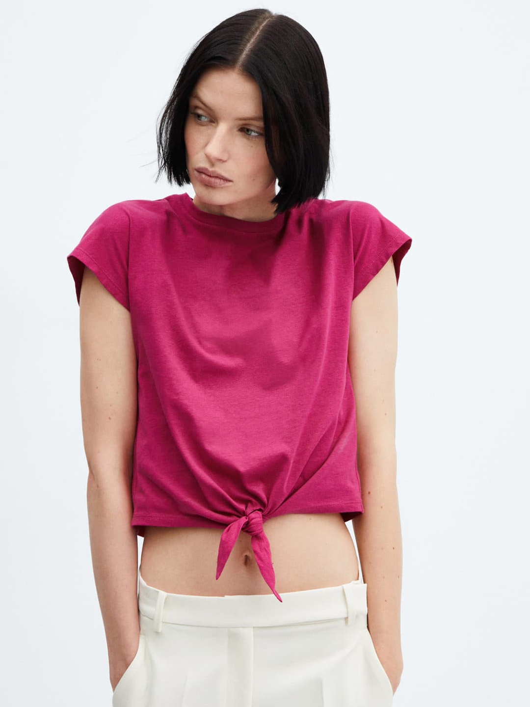 

MANGO Tie-Up Waist Extended Sleeves Pure Cotton T-shirt, Pink