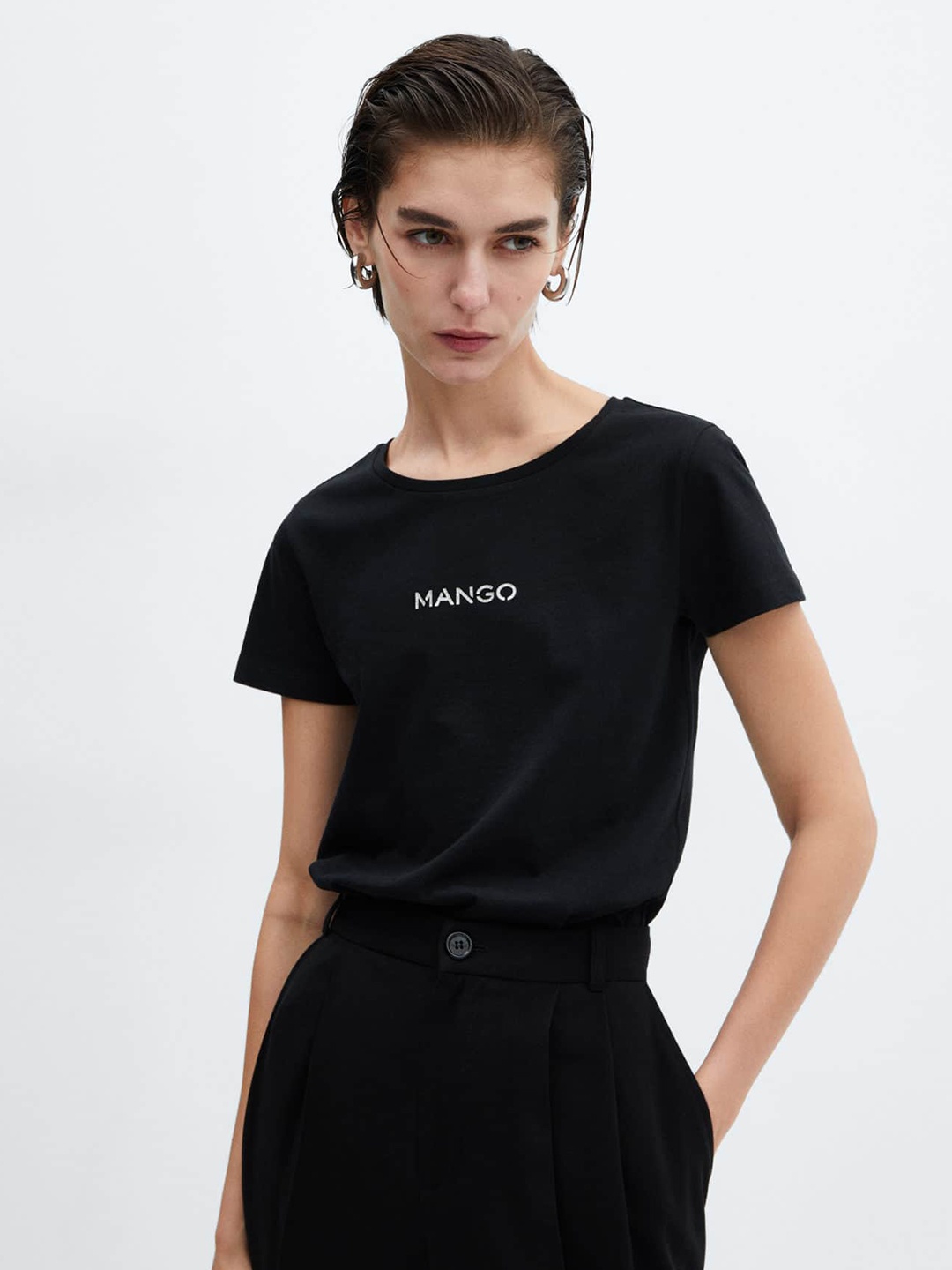

MANGO Brand Logo Print Detail Pure Cotton T-shirt, Black