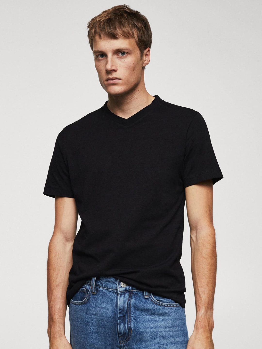 

MANGO MAN V-Neck Pure Cotton T-shirt, Black