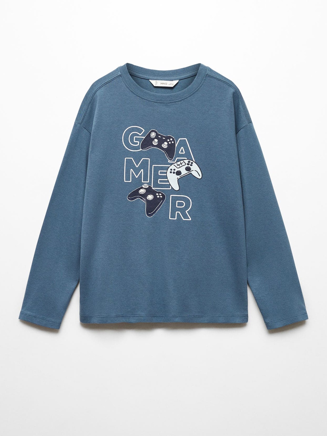 

Mango Kids Boys Typography Printed Drop-Shoulder Sleeves Pure Cotton T-shirt, Blue