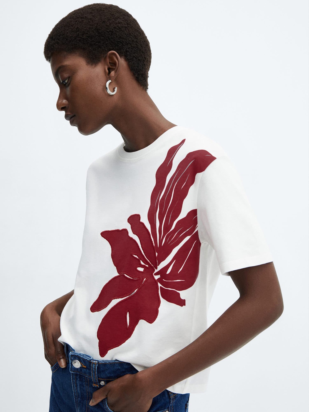 

MANGO Floral Print Pure Cotton T-shirt, White