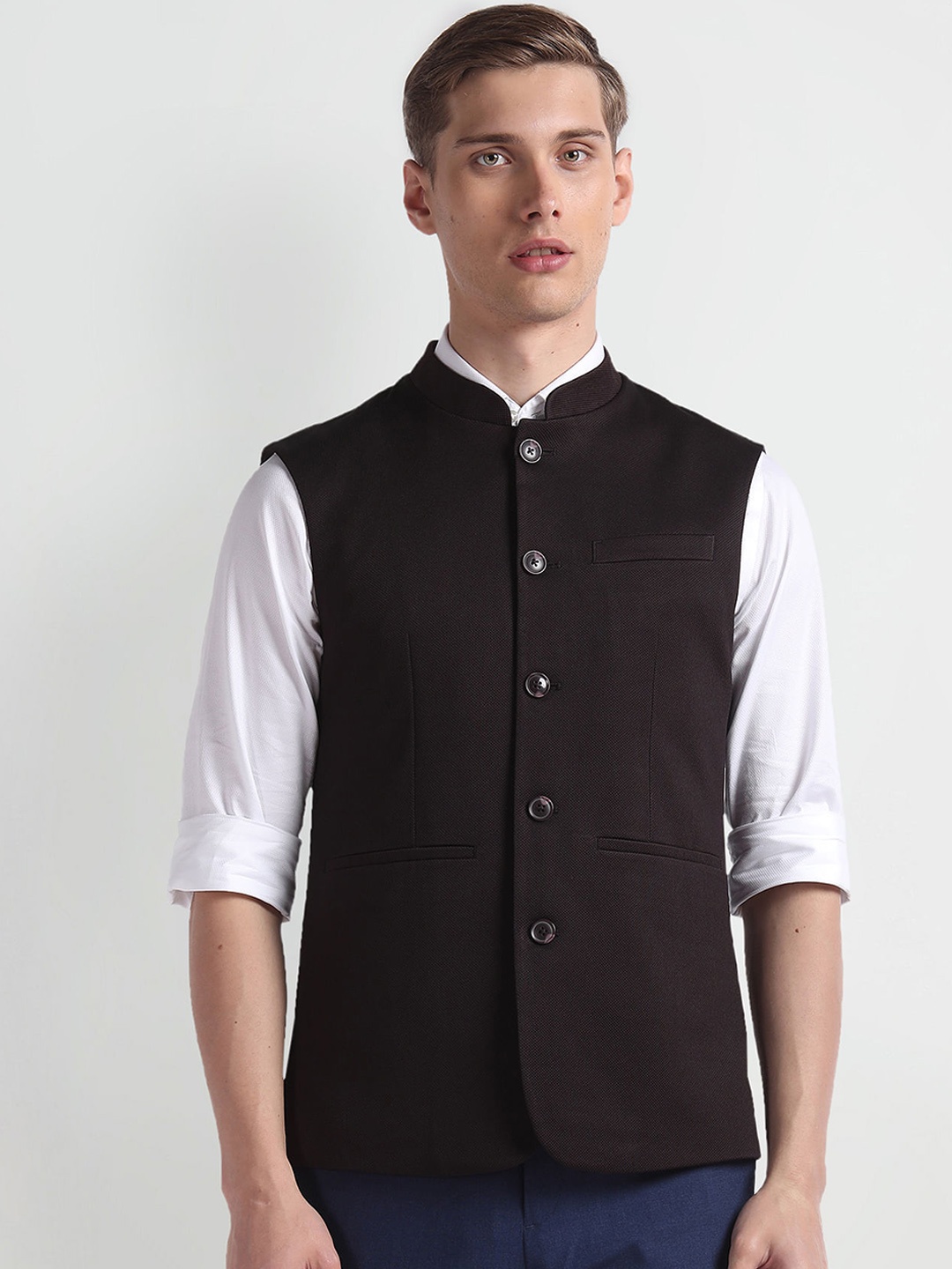 

Arrow Ceremonial Mandarin Collar Sleeveless Nehru Jacket, Black