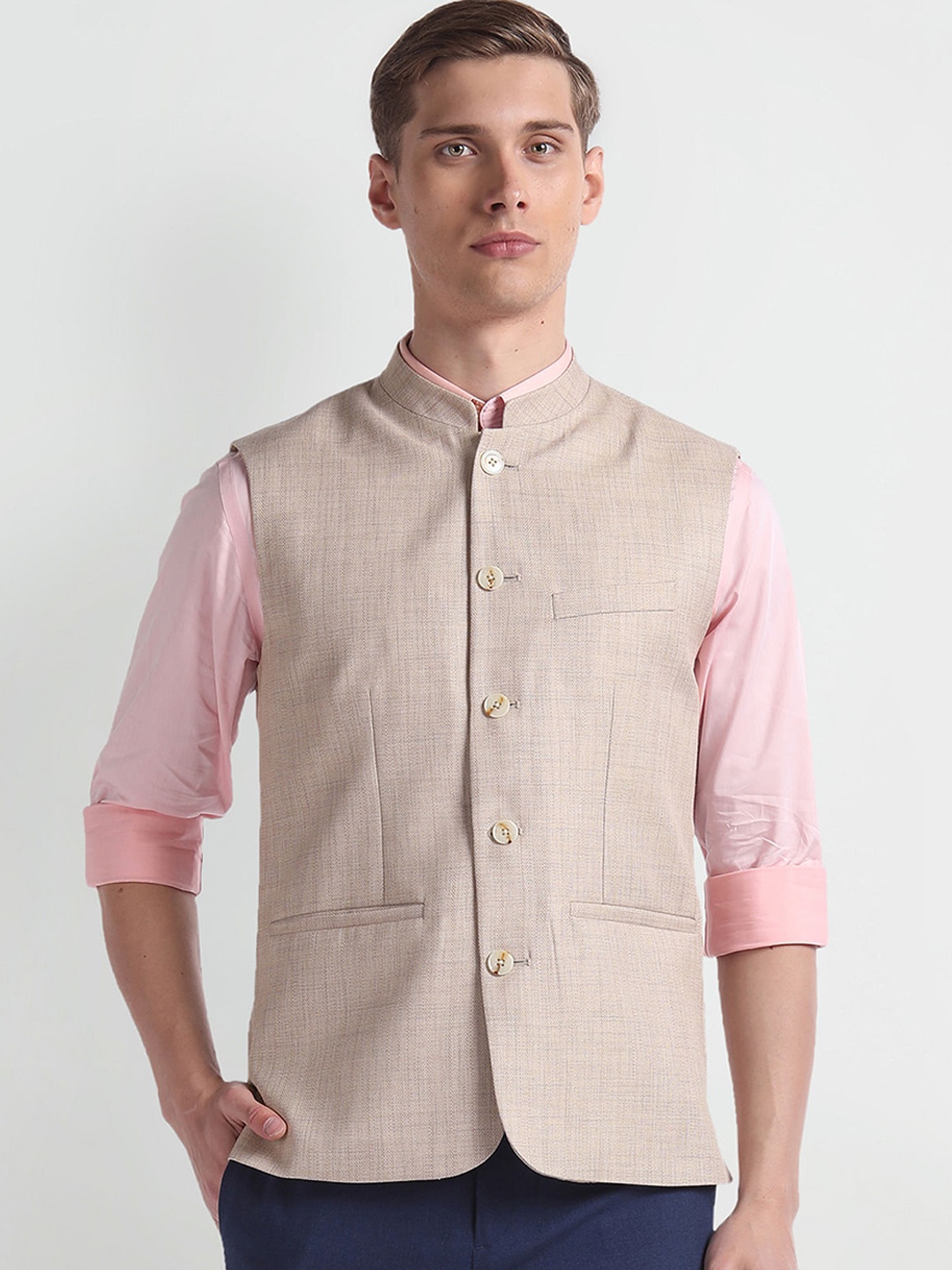 

Arrow Ceremonial Mandarin Collar Sleeveless Nehru Jacket, Beige