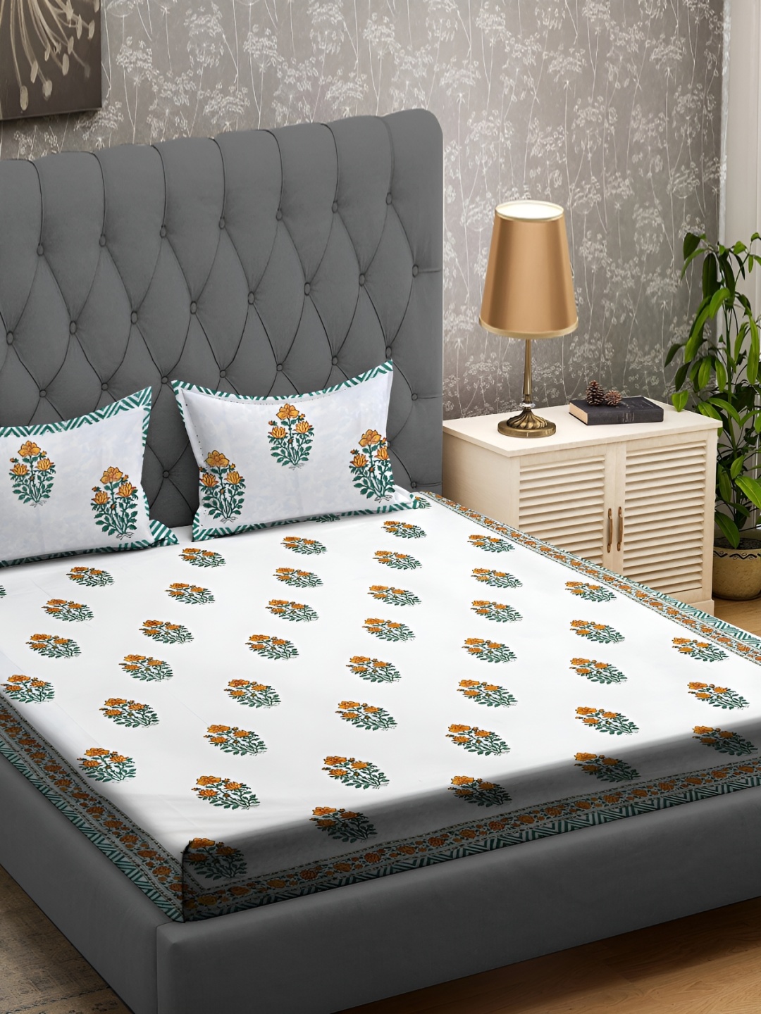 

RRC white & Yellow Ethnic Motifs 400 TC Queen Bedsheet with 2 Pillow Covers