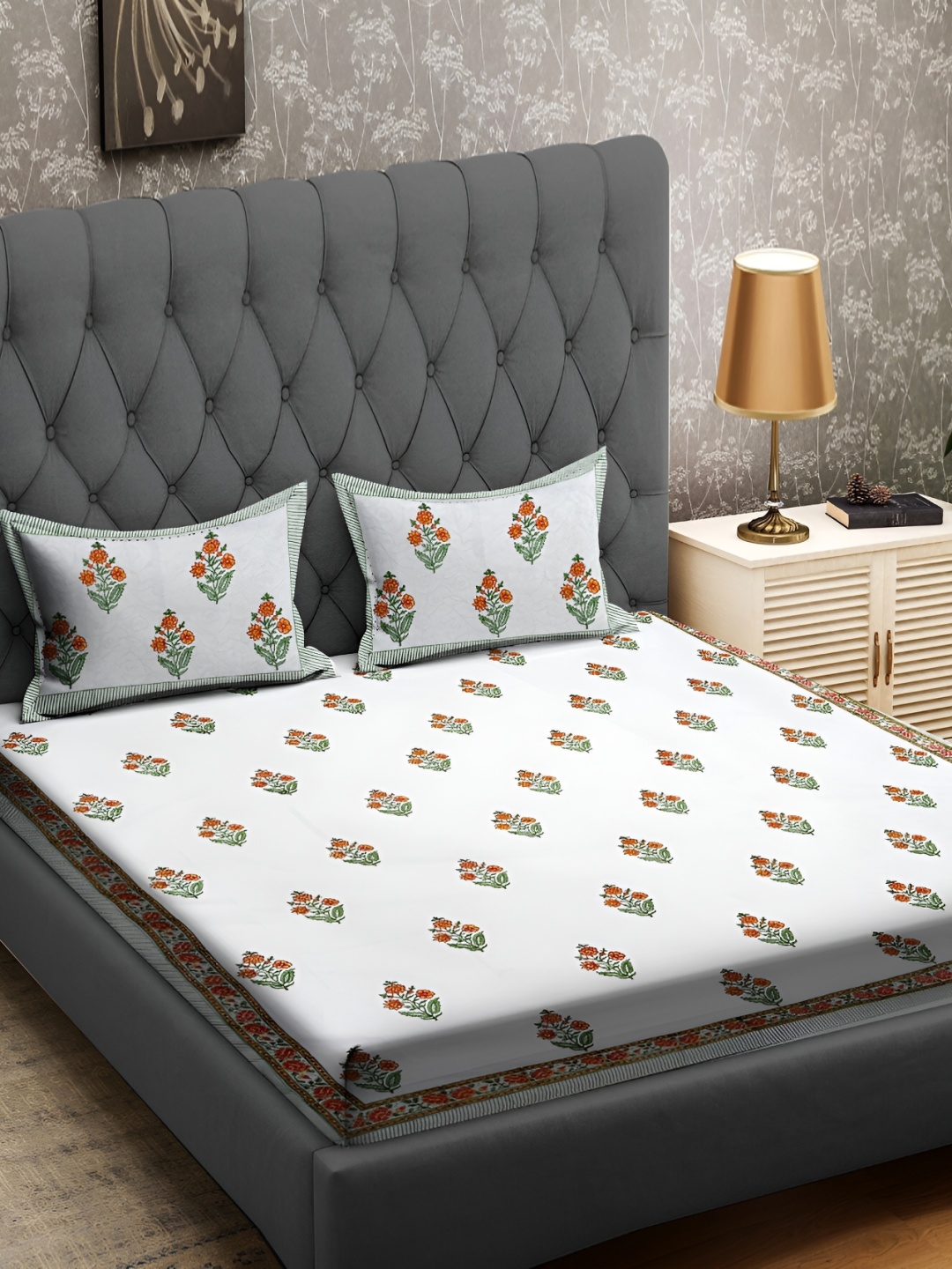 RRC White & Pink Ethnic Motifs 400 TC Queen Bedsheet with 2 Pillow Covers