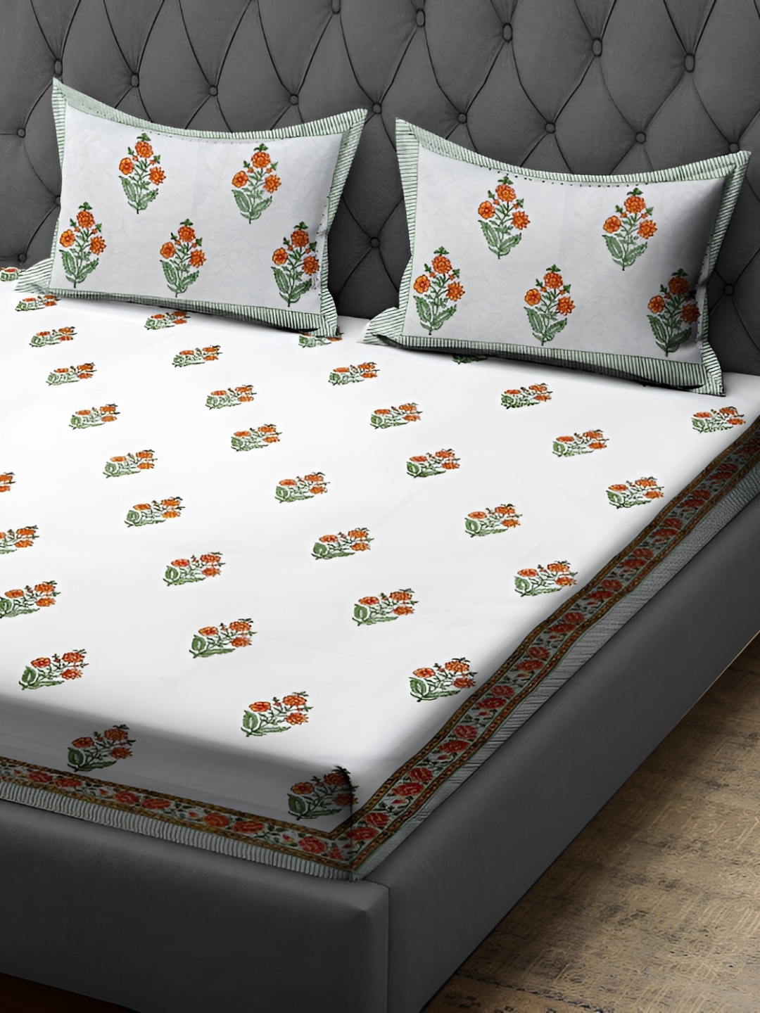 

RRC white & Orange Ethnic Motifs 400 TC Queen Bedsheet with 2 Pillow Covers