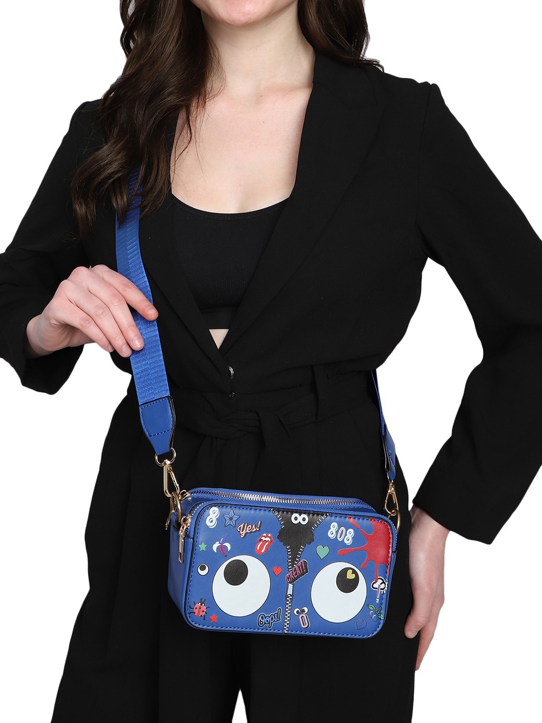 

MINI WESST Graphic Printed PU Structured Sling Bag, Blue