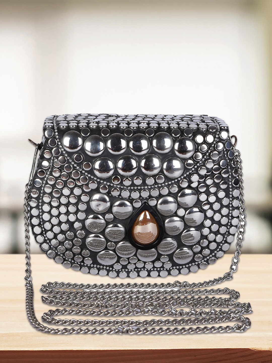 

MINI WESST Textured Embellished Structured Sling Bag, Silver
