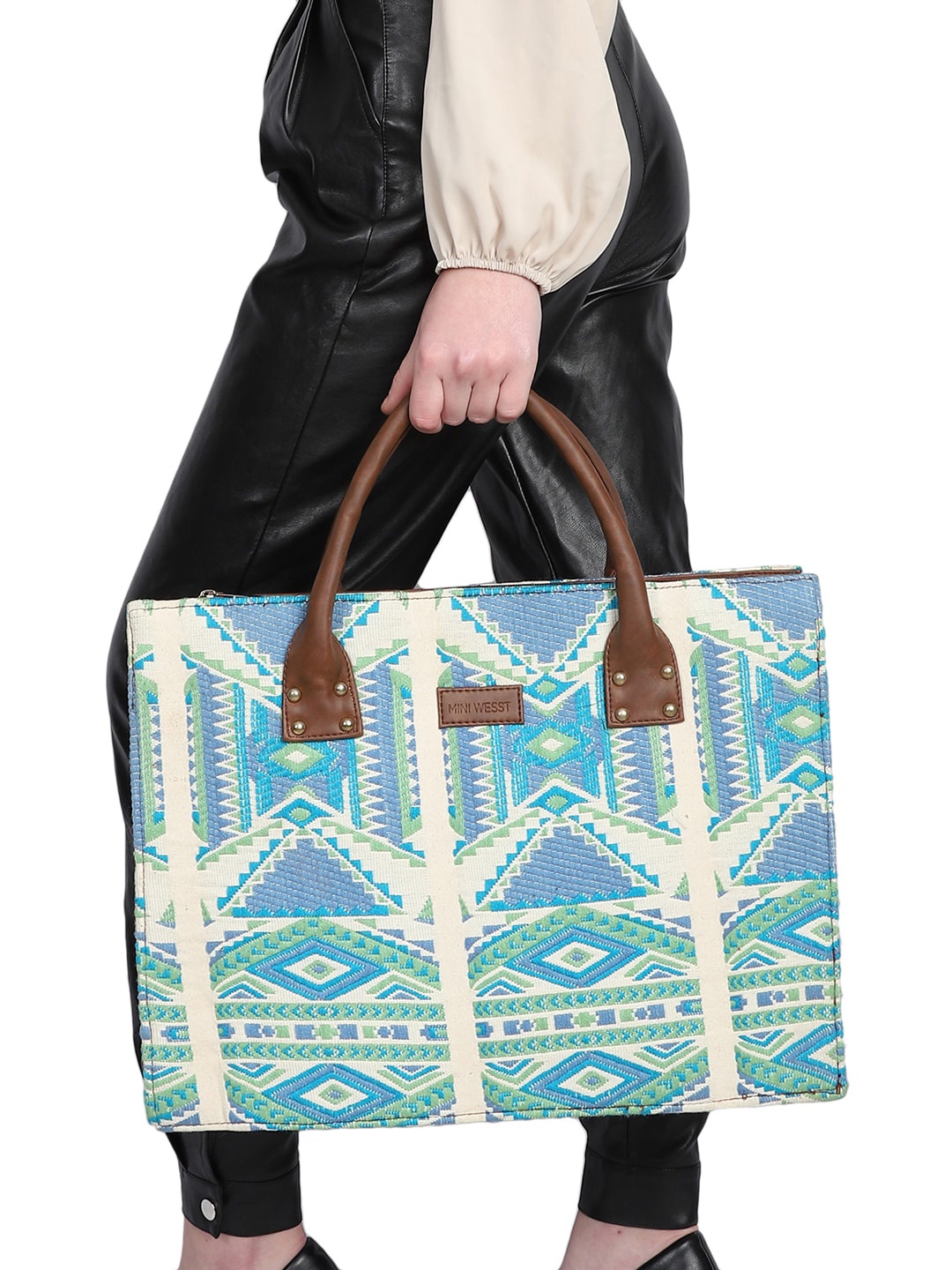 

MINI WESST Geometric Printed Structured Tote Bag, Blue