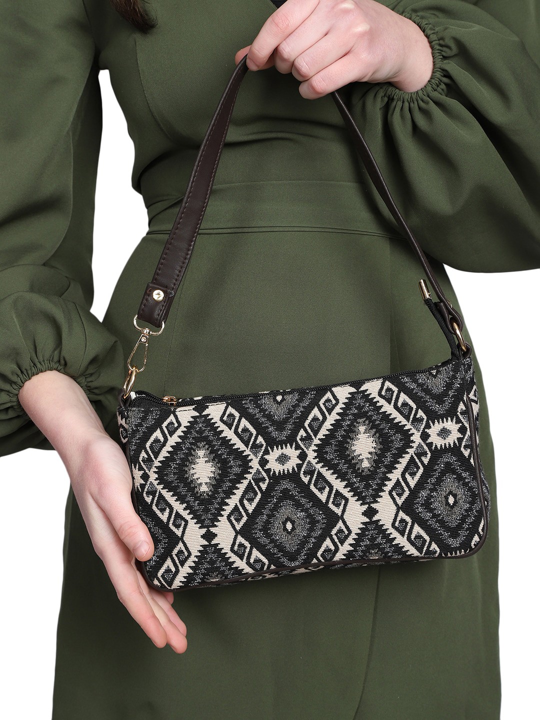 

MINI WESST Ethnic Motifs Printed Structured Shoulder Bag, Black
