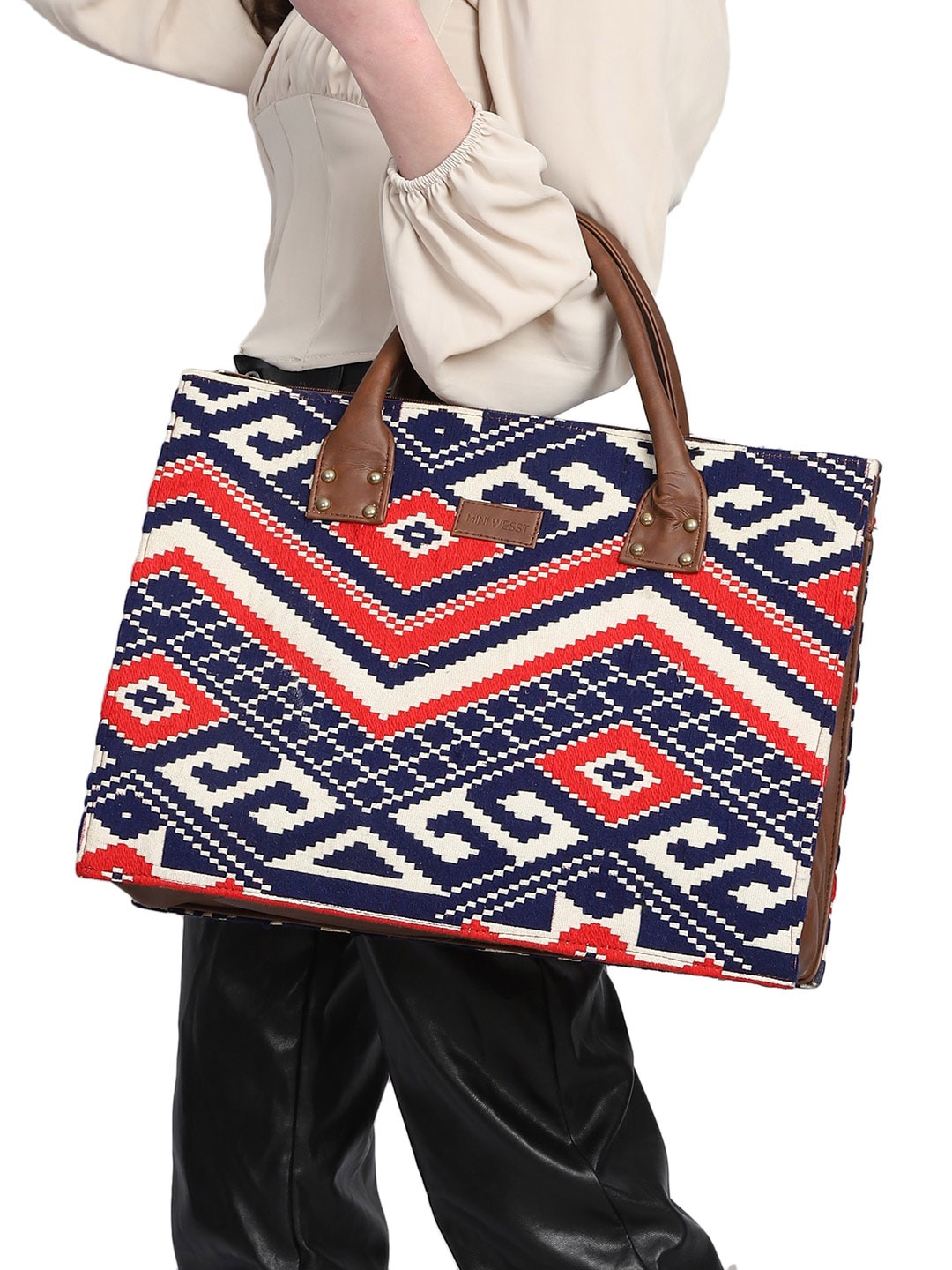 

MINI WESST Geometric Printed Oversized Shopper Tote Bag, Navy blue