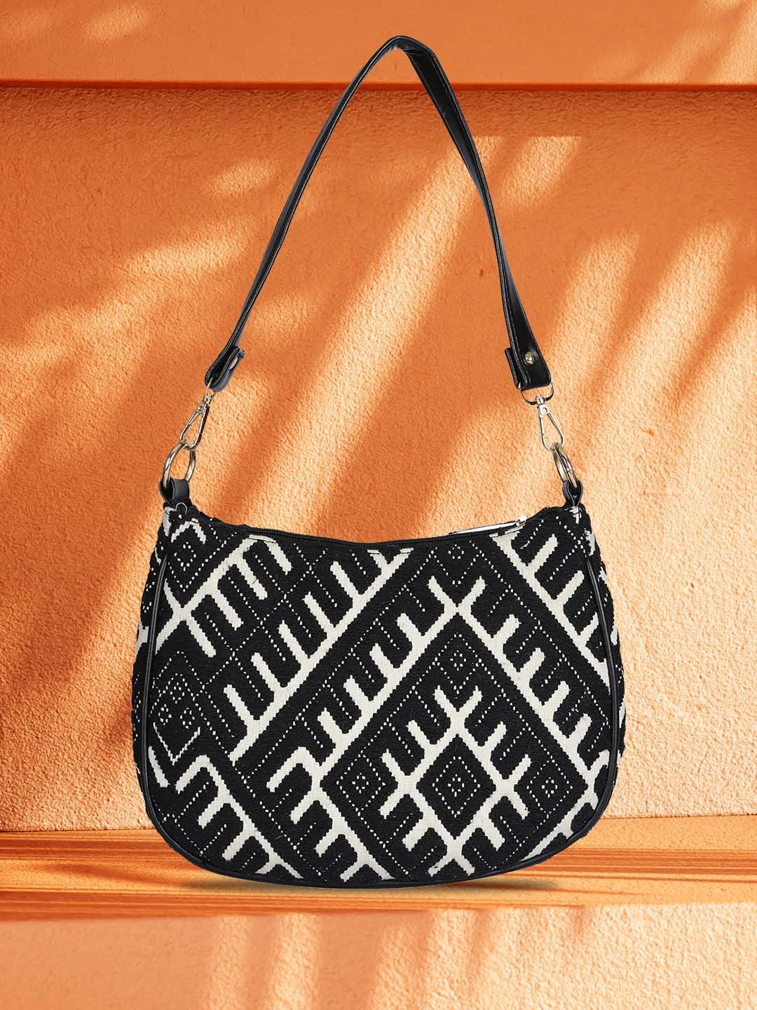 

MINI WESST Textured Self Design Oversized Structured Hobo Bag, Black