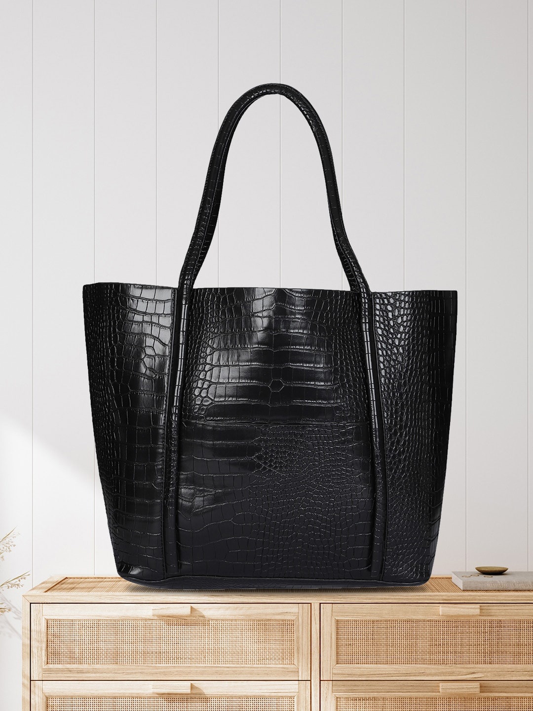 

MINI WESST Textured Oversized Shopper Shoulder Bag With Pouch, Black