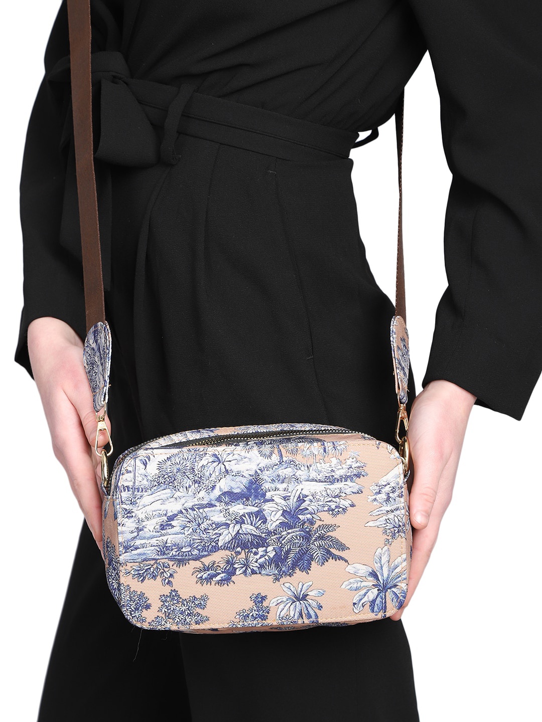 

MINI WESST Floral Printed Structured Sling Bag, Beige