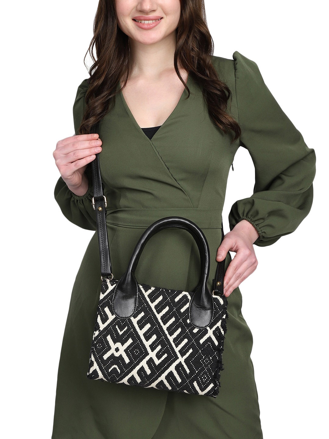 

MINI WESST Geometric Printed Structured Handheld Bag, Black