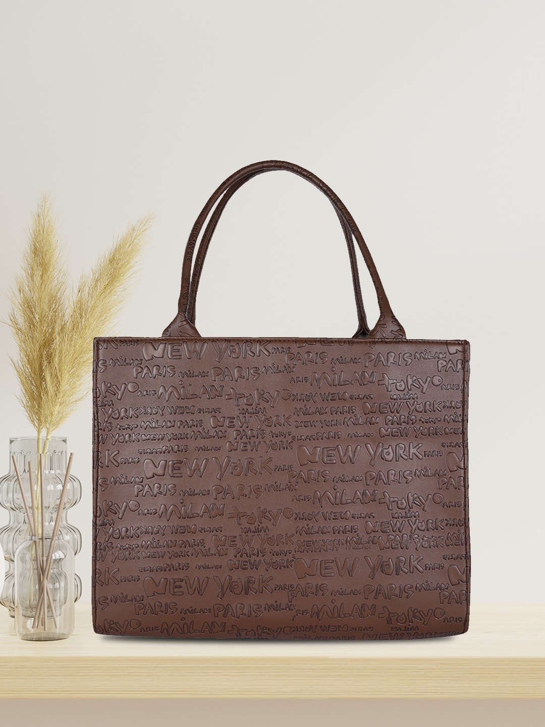 

MINI WESST Textured Oversized Shopper Tote Bag, Brown