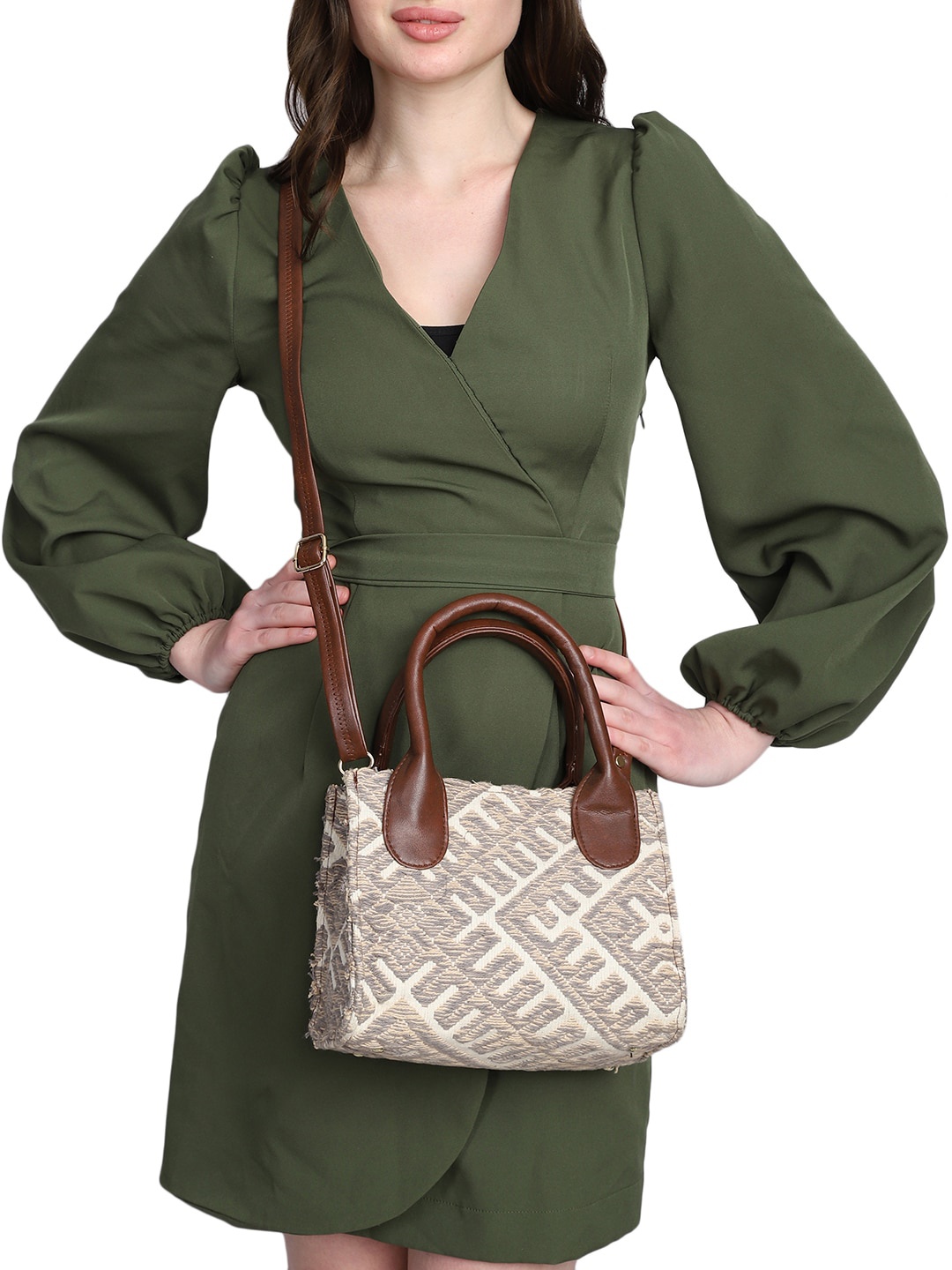 

MINI WESST Geometric Printed Structured Handheld Bag, Beige