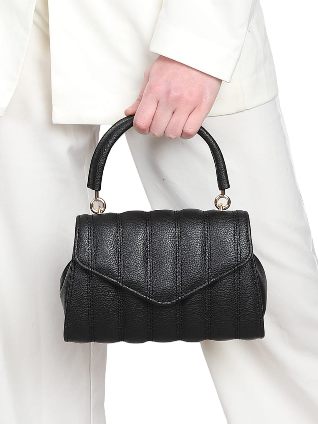

MINI WESST Textured Structured Satchel Bag, Black