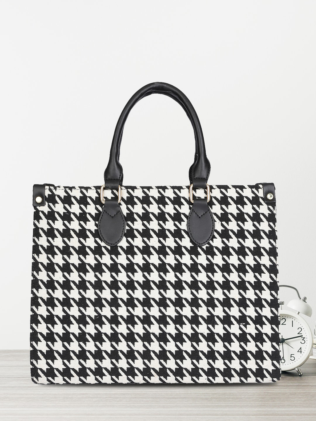 

MINI WESST Geometric Printed Structured Handheld Bag, Black