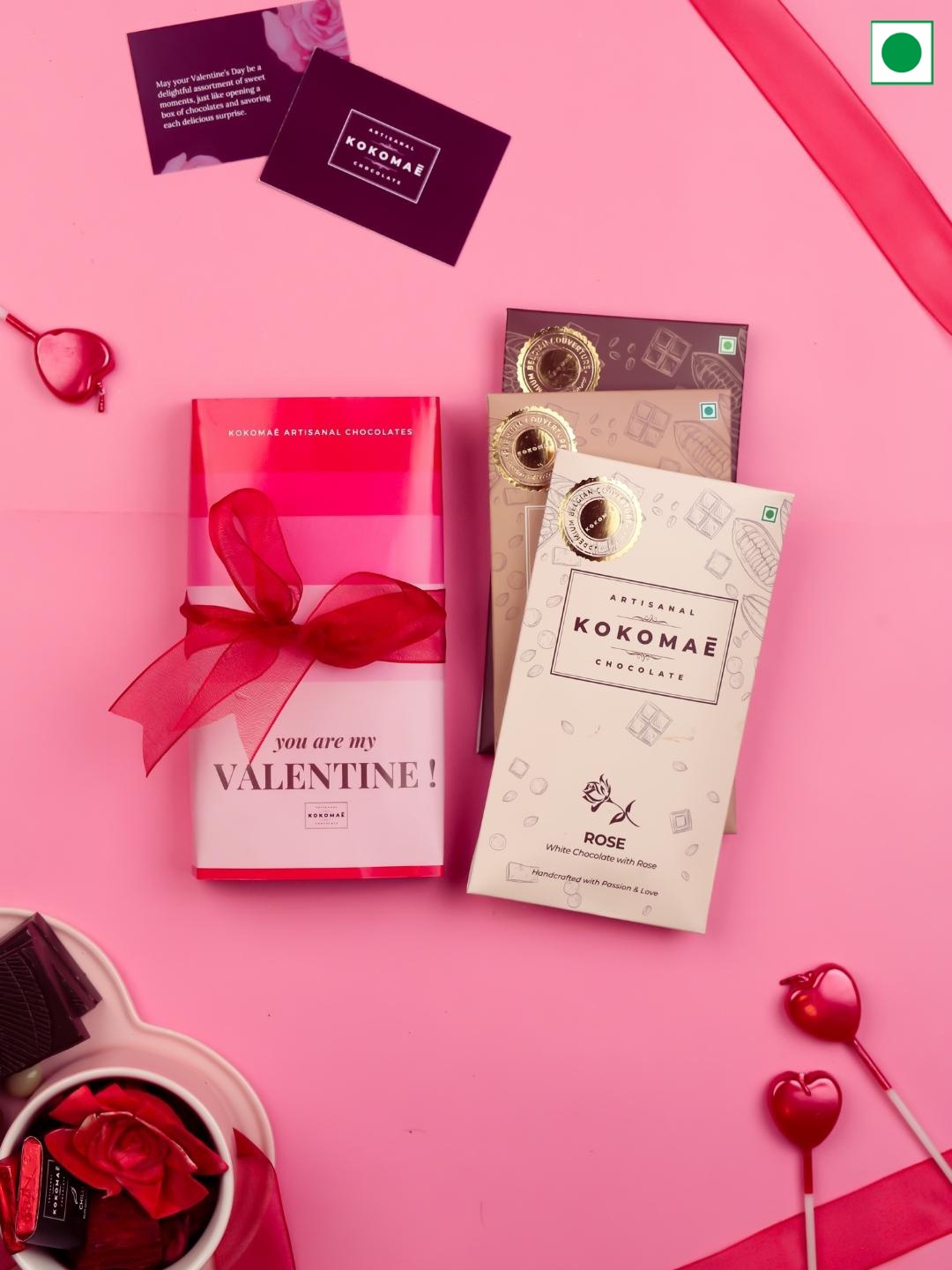 

Kokomae Artisanal Chocolate 3 Bar Valentine's Chocolate Hamper - Belgian Bar, Pink