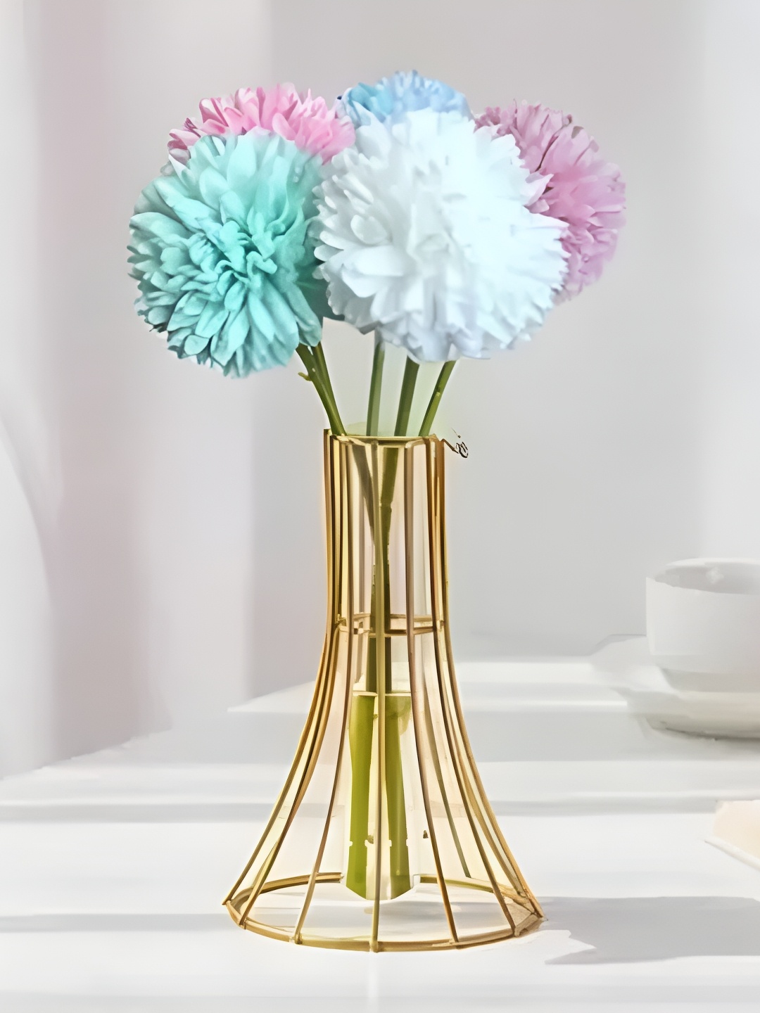 

Satyam Kraft Blue & Gold Toned 7 Pcs Chrysanthemum Artificial Flower With Metal Vase