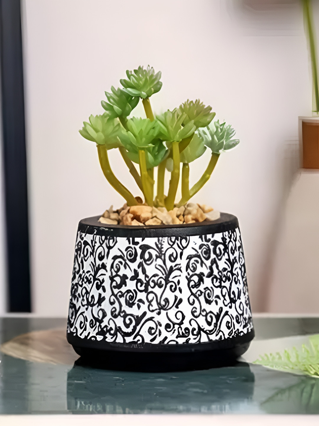 

Satyam Kraft 1 Piece Green & White Textured Succulent Artificial Plant With Ceramic Pot