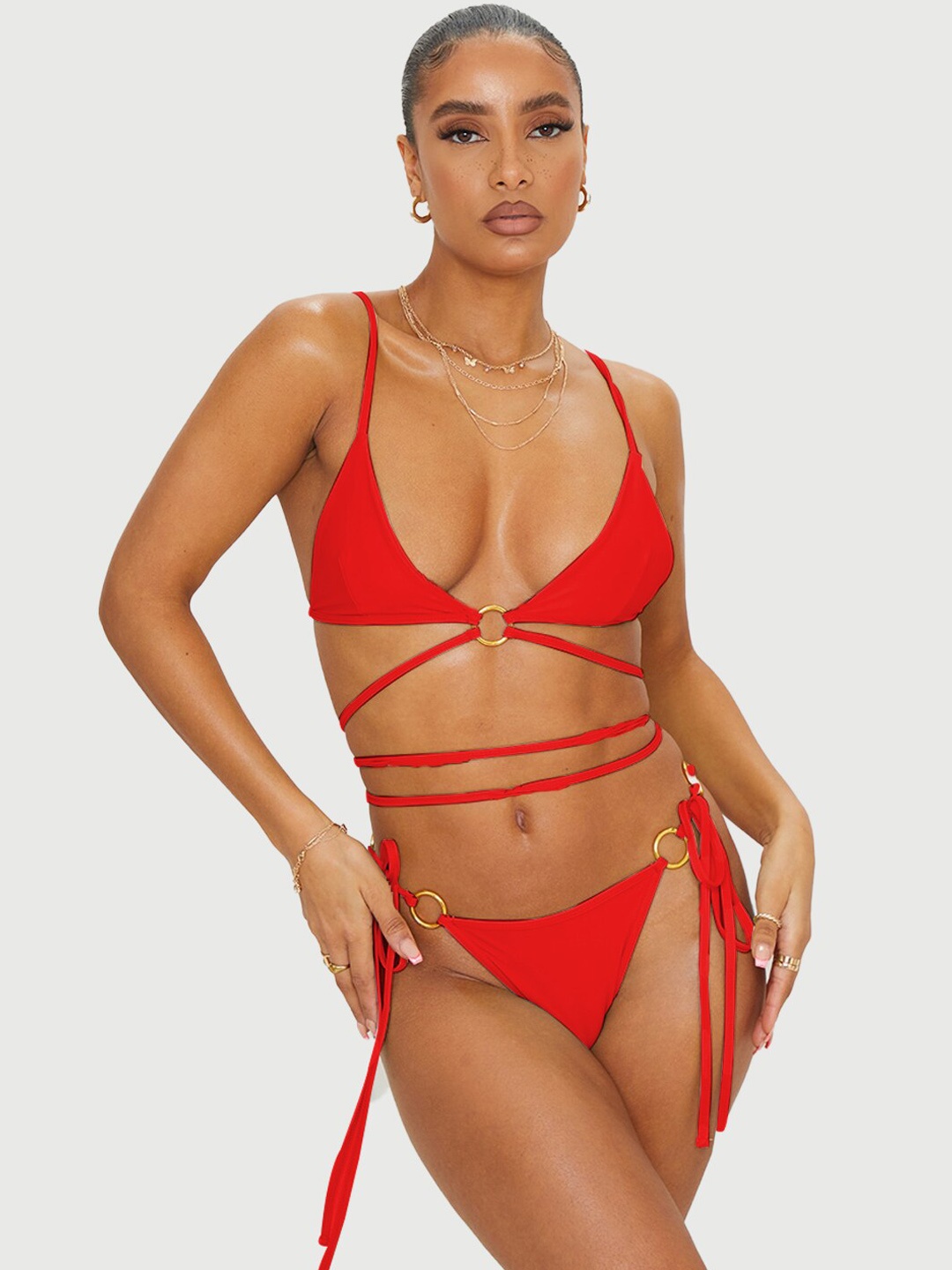 

FIMBUL Medium Coverage Shoulder Straps Swim Bikini Set, Red