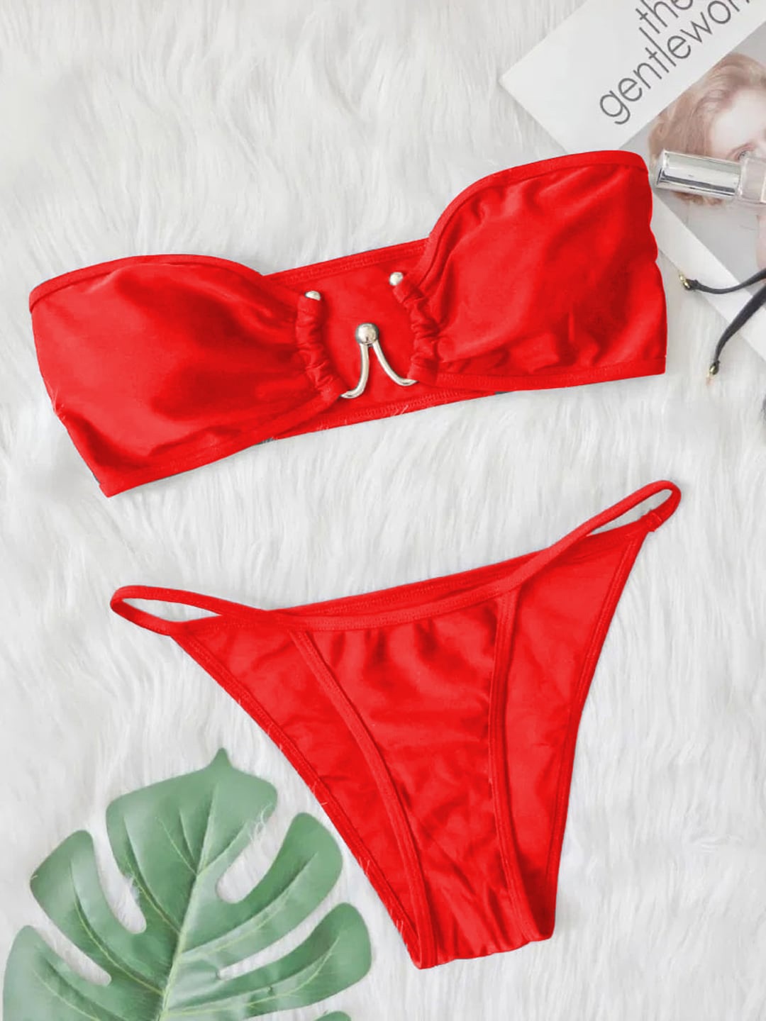 

FIMBUL Medium Coverage One Shoulder Swim Bikini Set, Red