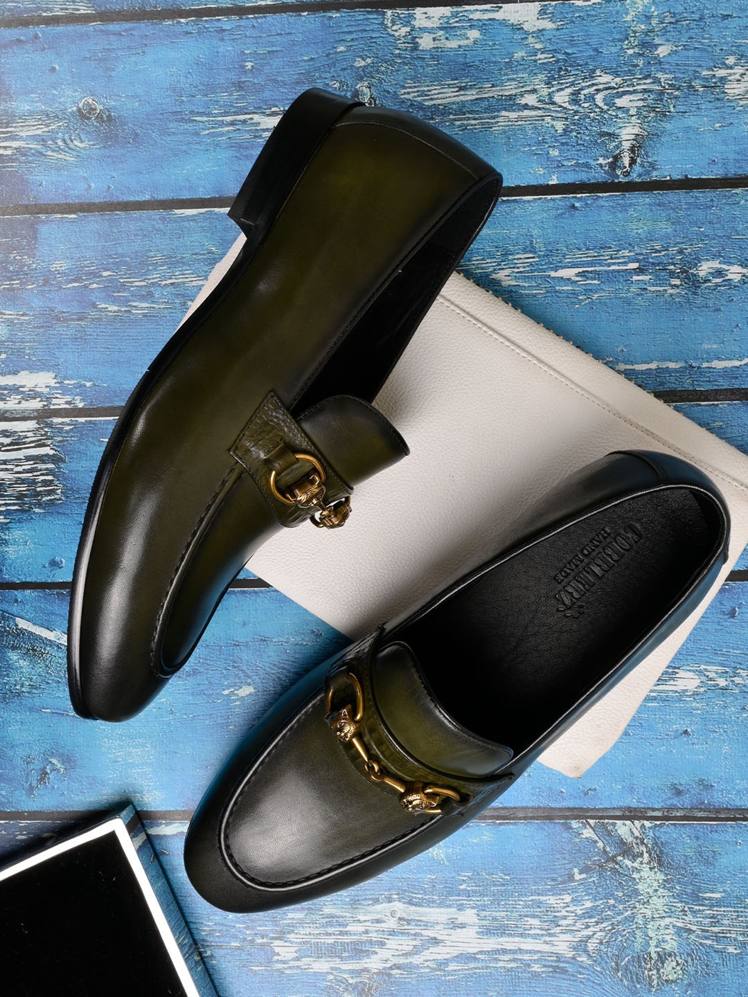 

Cobblerz Men Buckles Detail Leather Loafers, Green