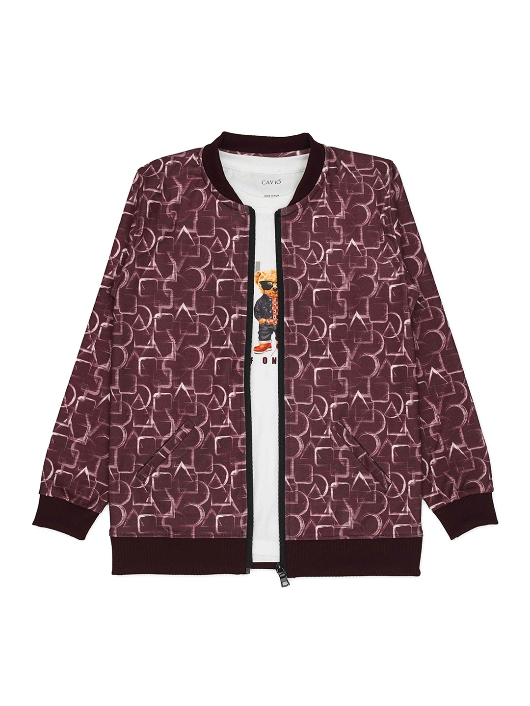 

CAVIO Boys Geometeric Printed Lightweight Cotton Bomber Jacket with T-Shirt, Maroon