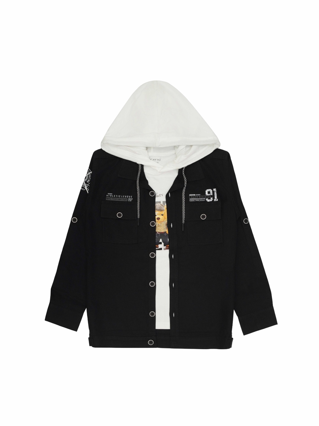 

CAVIO Boys Hooded Neck Lightweight Cotton Denim Jacket With T-Shirt, Black