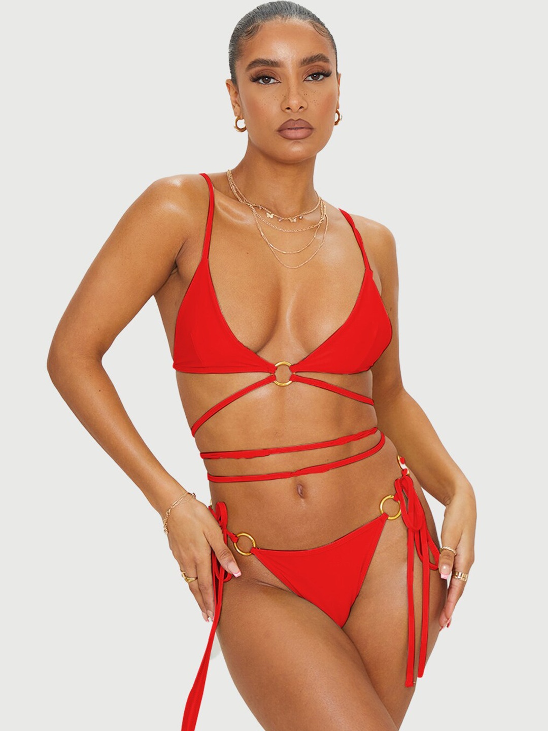 

VAGHBHATT Shoulder Straps Medium Coverage Swim Bikini Set, Red