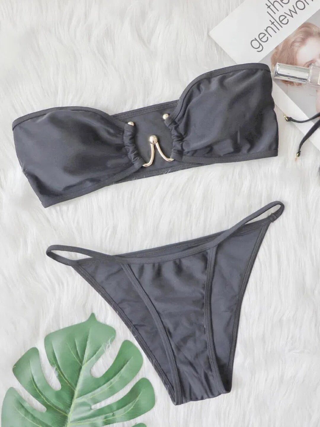 

VAGHBHATT One Shoulder Medium Coverage Swim Bikini Set, Black