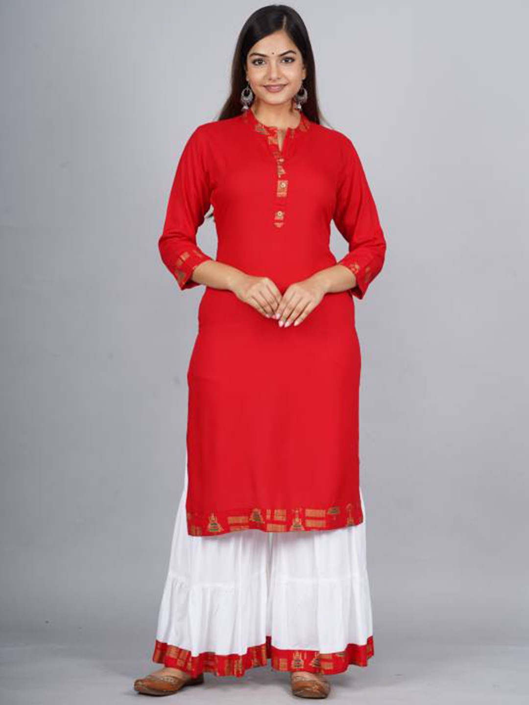 

Subh LAXMI Yoke Design Mandarin Collar Straight Kurta With Sharara, Red