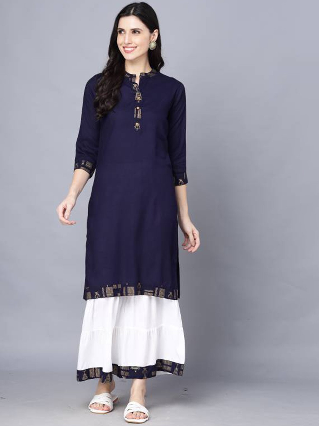 

Subh LAXMI Yoke Design Mandarin Collar Straight Kurta With Sharara, Navy blue