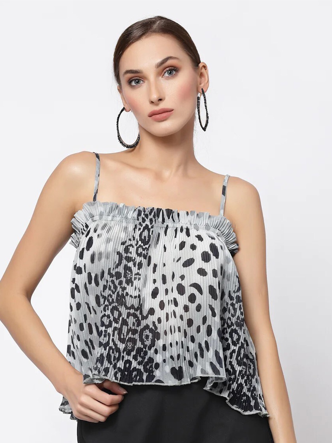 

BELAVINE Animal Printed Pleated A-Line Top, Grey